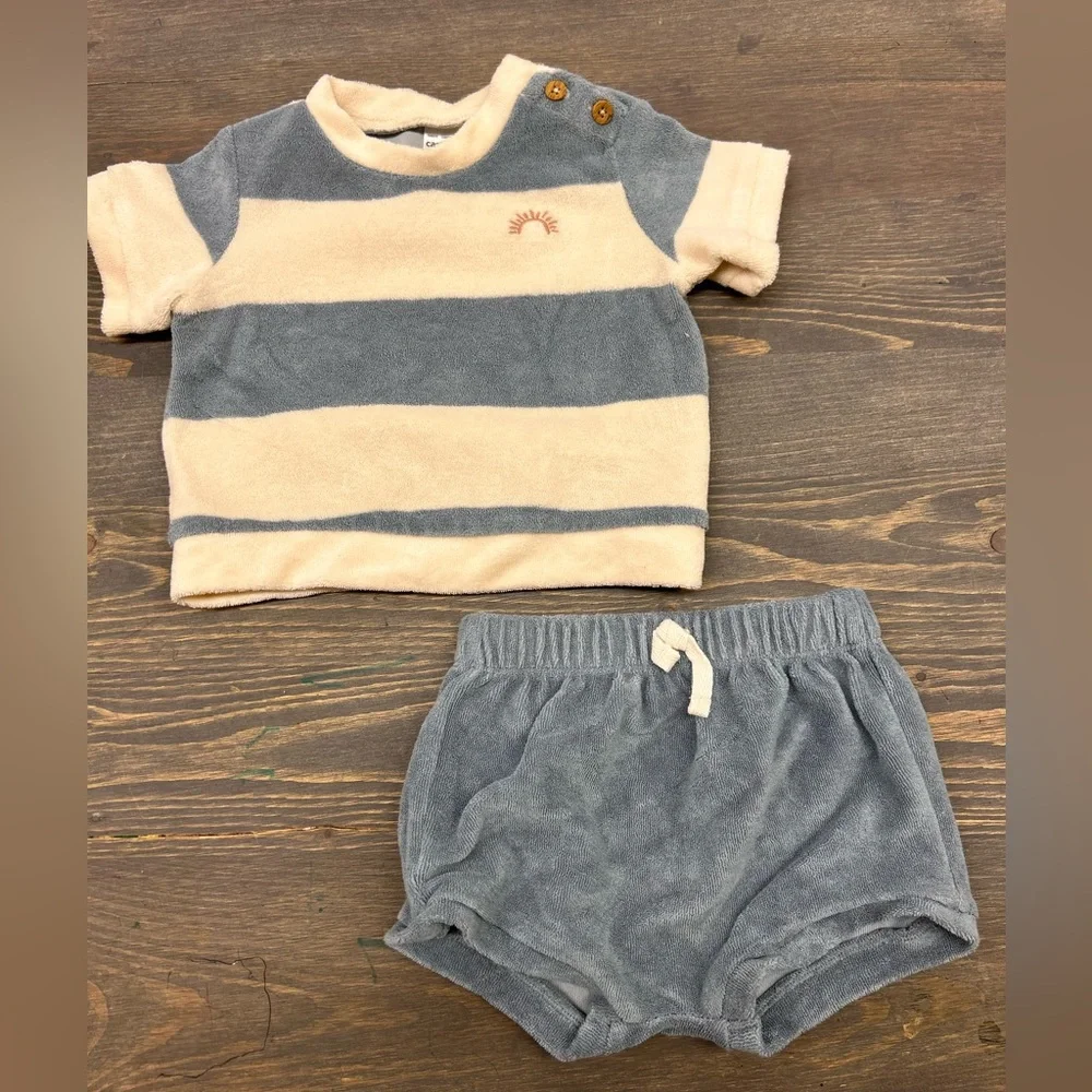 Carters 12m blue & white striped towels material 2pc matching set short & Tshirt - Picture 1 of 2